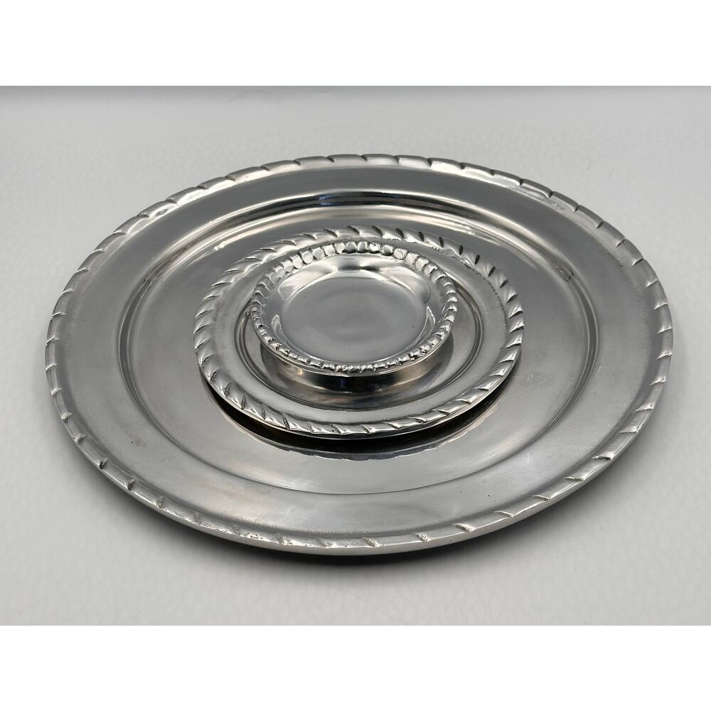 Vintage Mexican Heavy Aluminum Pewter Dinner Charger, Dessert, Coaster Plate 3pc